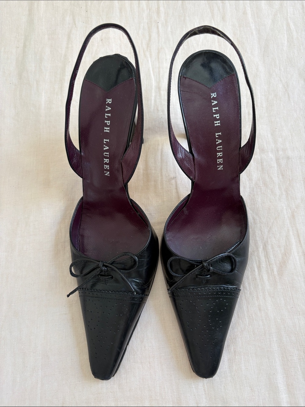 Ralph Lauren Collection Black Pointed Slingback Mules with Bow